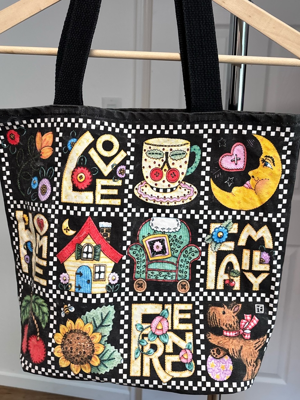 Mary Engelbreit "Love Home Family Friend" tote bag, patchwork style